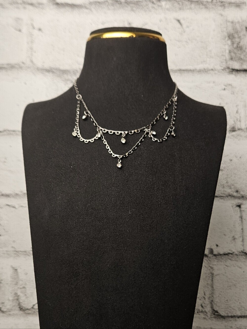 Silver Tone Rhinestone Drape Choker Necklace Y2K Goth Coquette Layered
